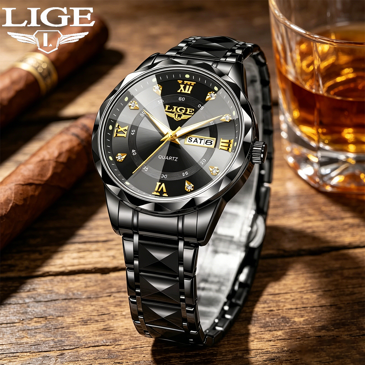 LIGE Gold Black Men's Luxury W – Luxury Watch Gold And Black recenzja i cena