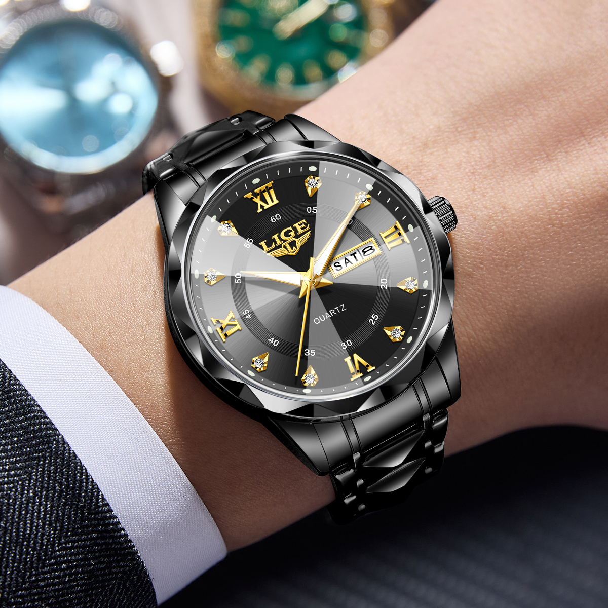 LIGE Gold Black Men's Luxury W – Luxury Watch Gold And Black recenzja i cena