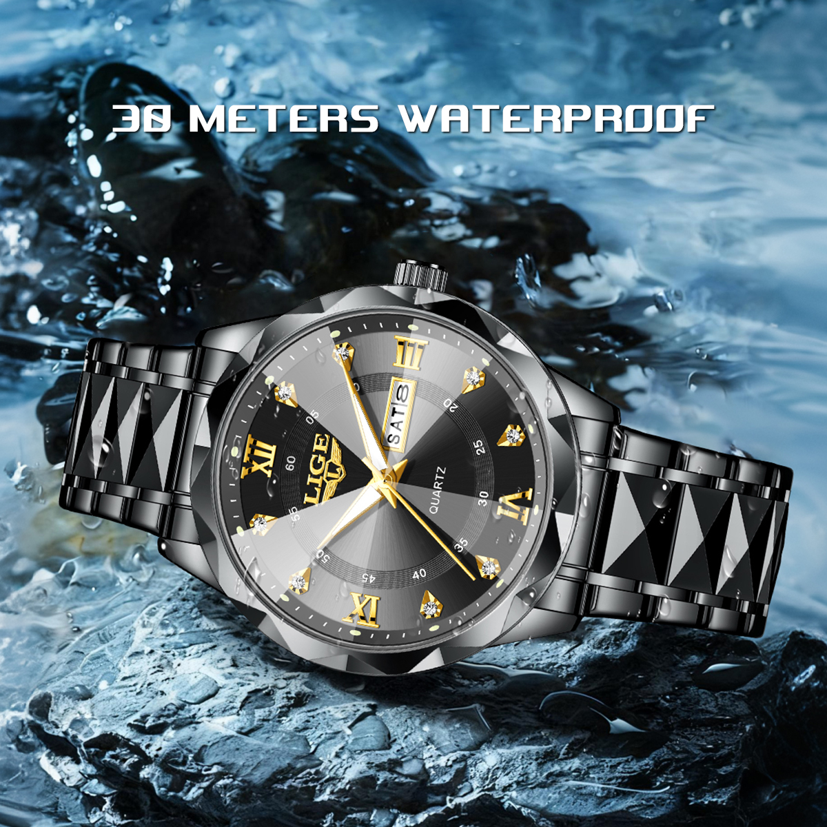 LIGE Gold Black Men's Luxury W – Luxury Watch Gold And Black recenzja i cena